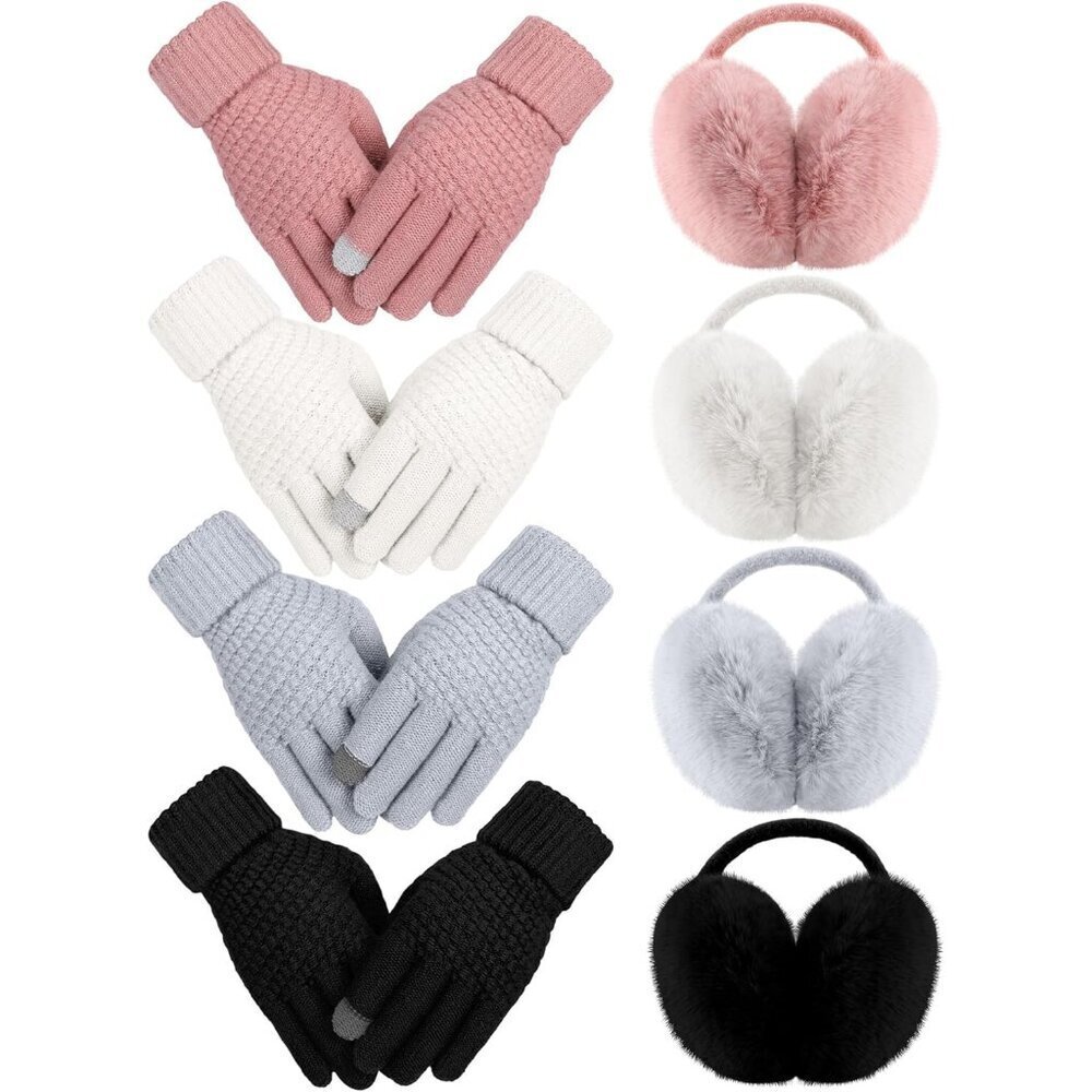 Winter Ear Muffs Gloves Set Women Girls Warm Fuzzy Outdoor Accessories